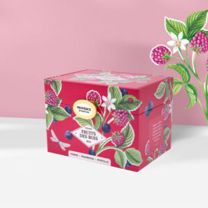 Type d'infusion : Tisane Ingrédient(s) : Pomme*, Hibiscus*, Cynorrhodon*, Oranger*, arôme naturel de Framboise*, Stevia*, Framboise*, Myrtille*, Cassis*. *Tous nos ingrédients sont issus de l'agriculture biologique.